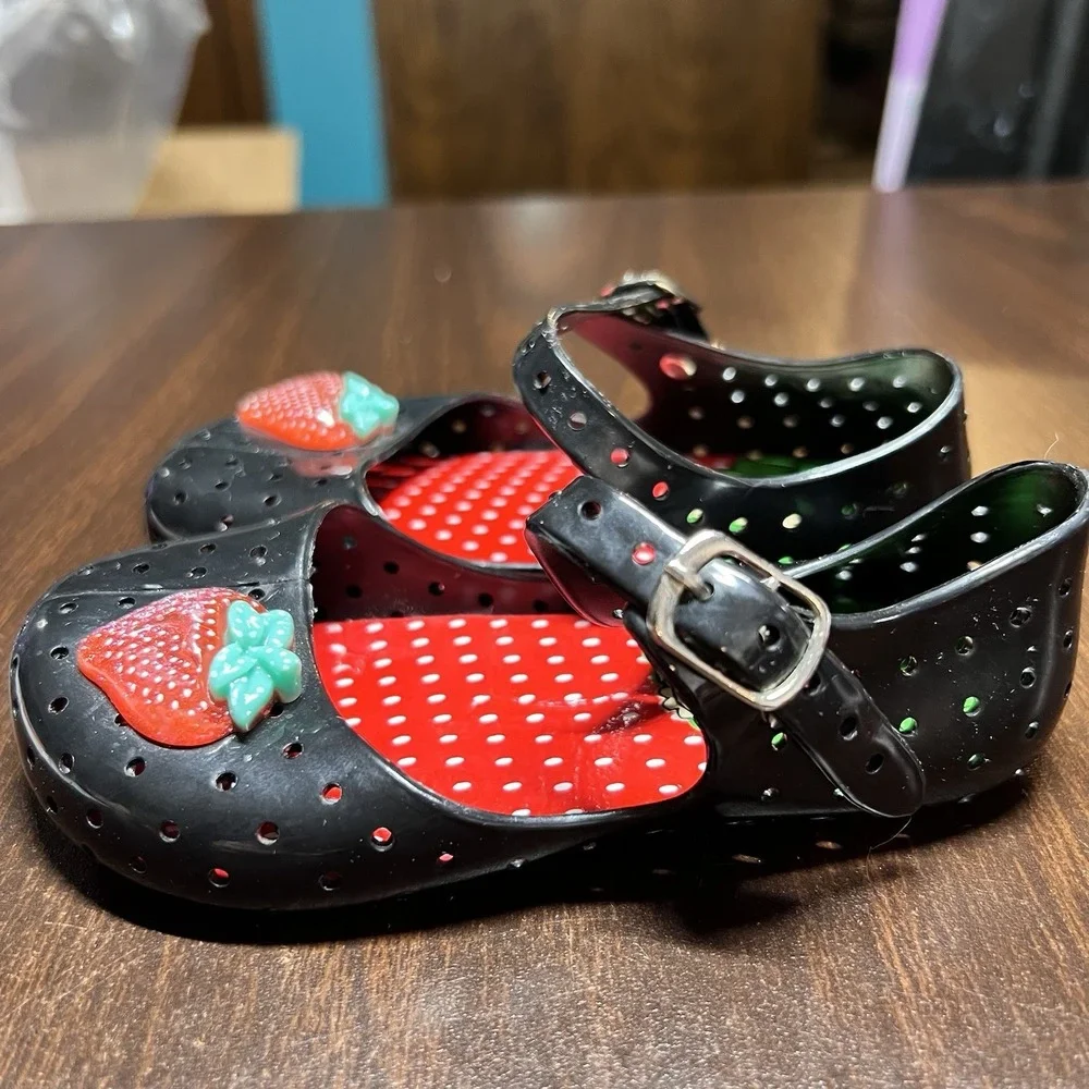 Vtg Happy Jelly Shoes Toddler Girls 9-10 Black Strawberry Mary Jane Y2K Discont.